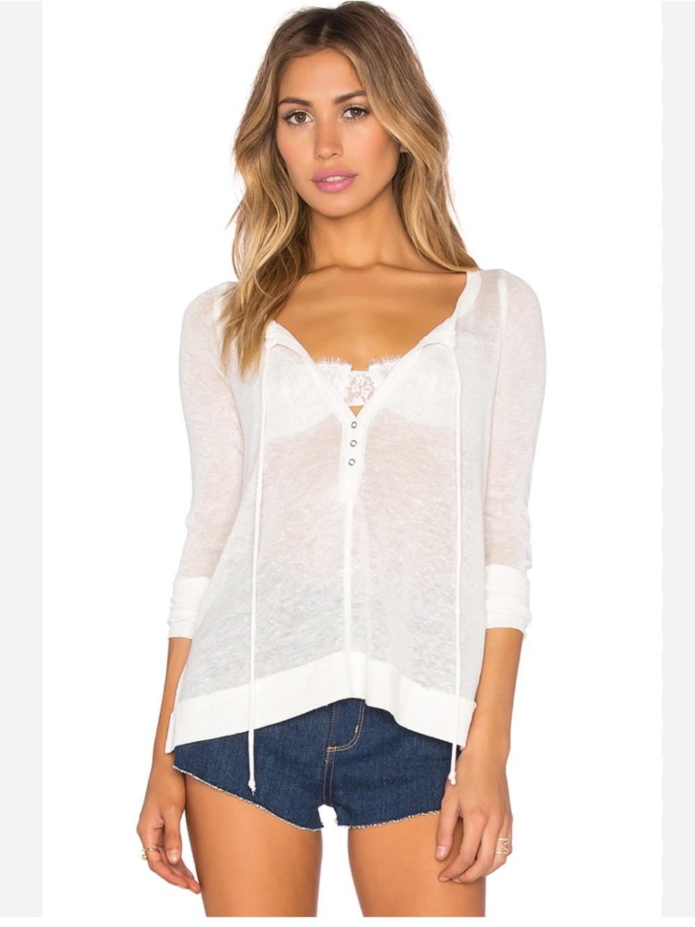 Free People Affogato Hacci Top Sheer Knit Lace Trim Boho Relaxed Large